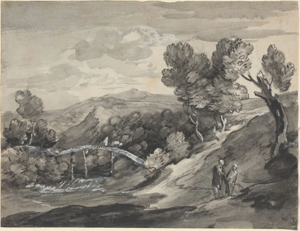 Wooded Upland Landscape with a Bridge, by Thomas Gainsborough, chalk, 1780