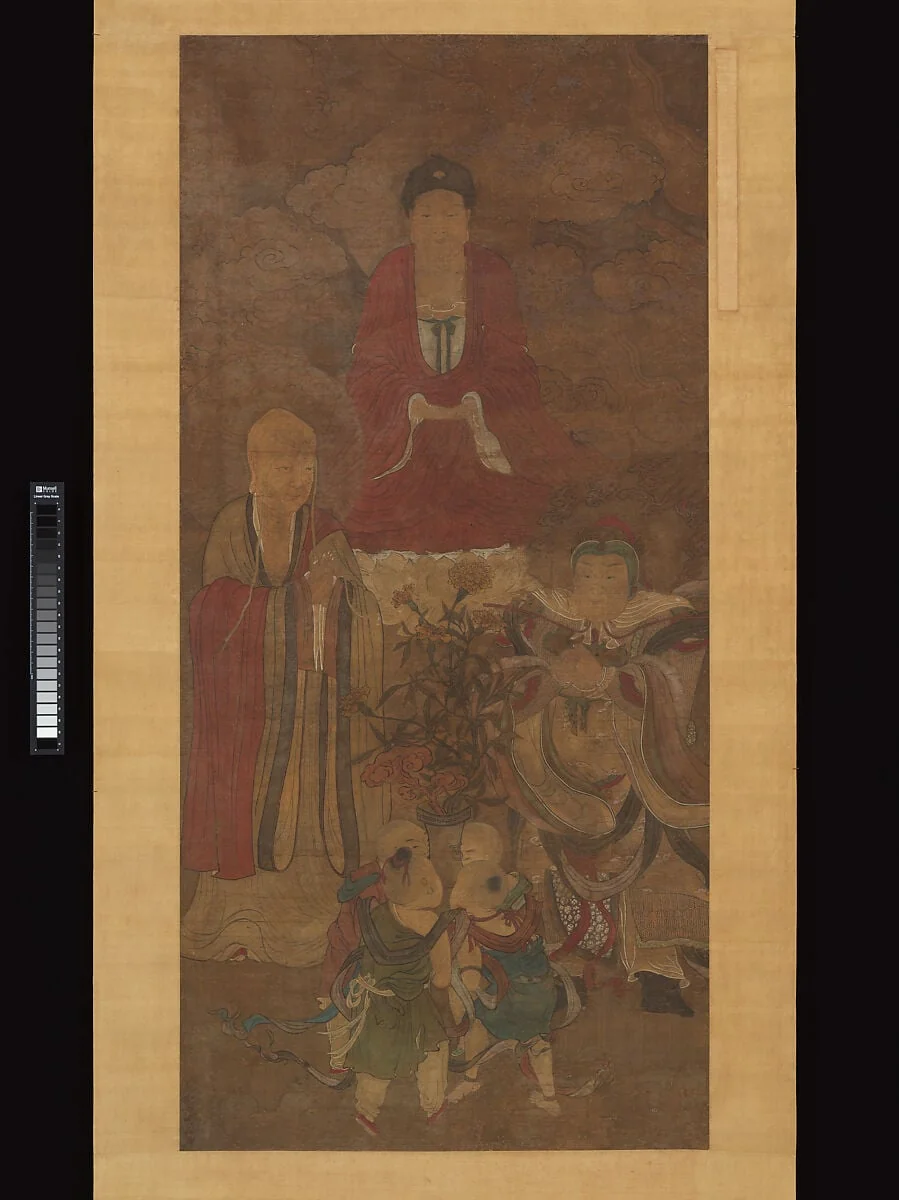明 佚名 禮佛圖 軸|Shakyamuni with luohan, heavenly king, and boys, detail