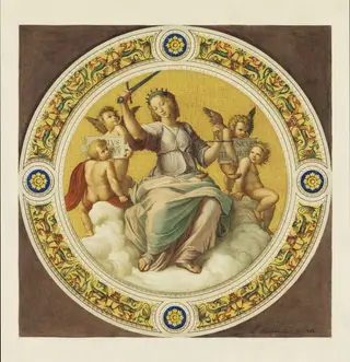 Copy after Raphael’s ceiling fresco representing ‘Jurisprudence’ in the Stanza della Segnatura (Vatican Palace, Rome, 1508-9), 1864, by Cesari Mariannecci, watercolor, 1864