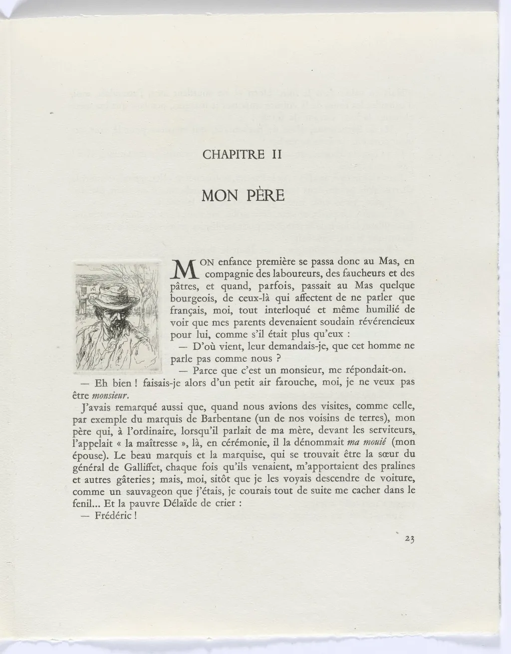 Frédéric Mistral: Mémoires et Recits by Frédéric Mistral: bust of man with hat (page 23), by Auguste Brouet, 1937