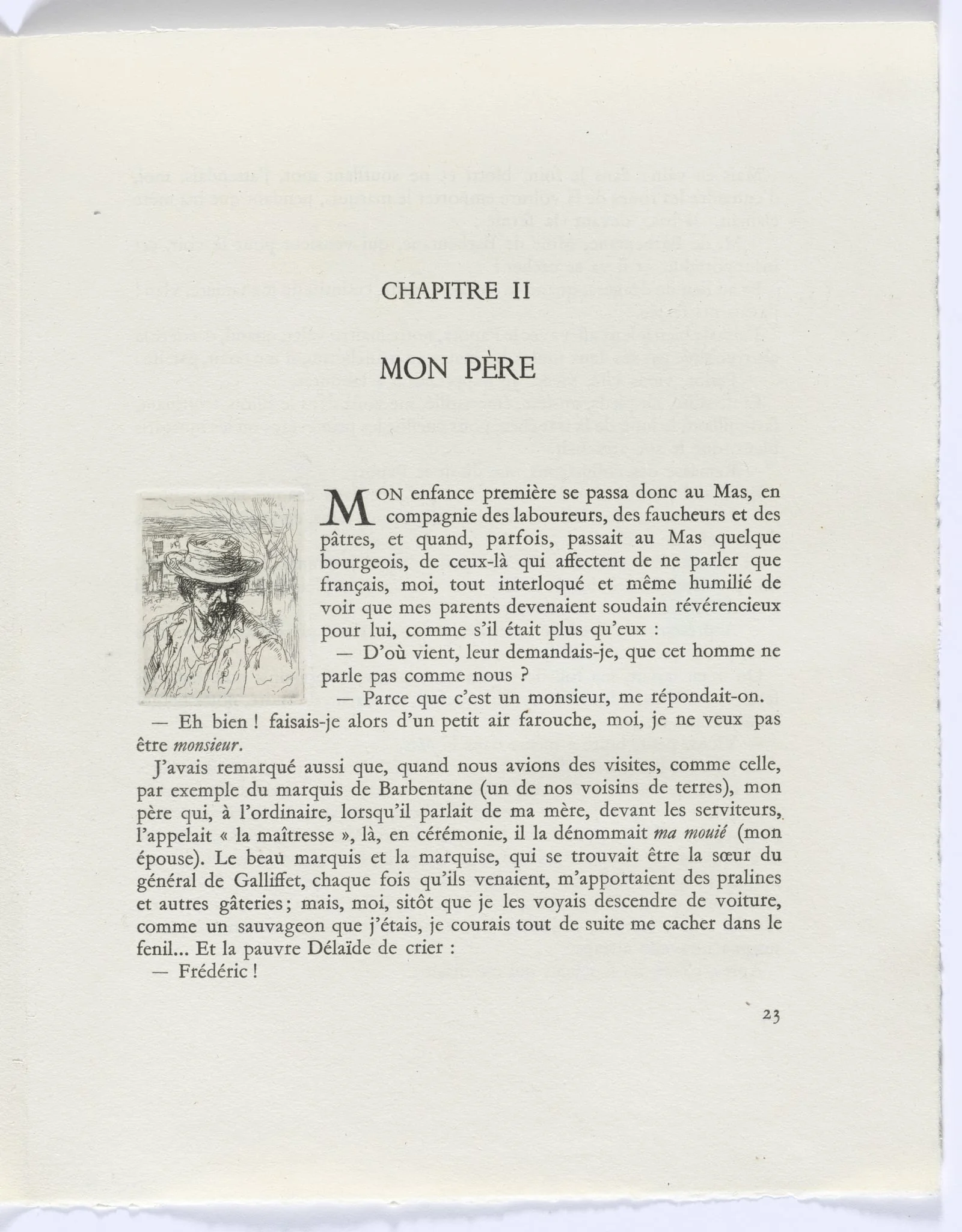Frédéric Mistral: Mémoires et Recits by Frédéric Mistral: bust of man with hat (page 23), detail