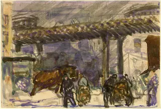 A Winter Day - Under the Elevated near Brooklyn Bridge, by George Bellows, paint, 1907
