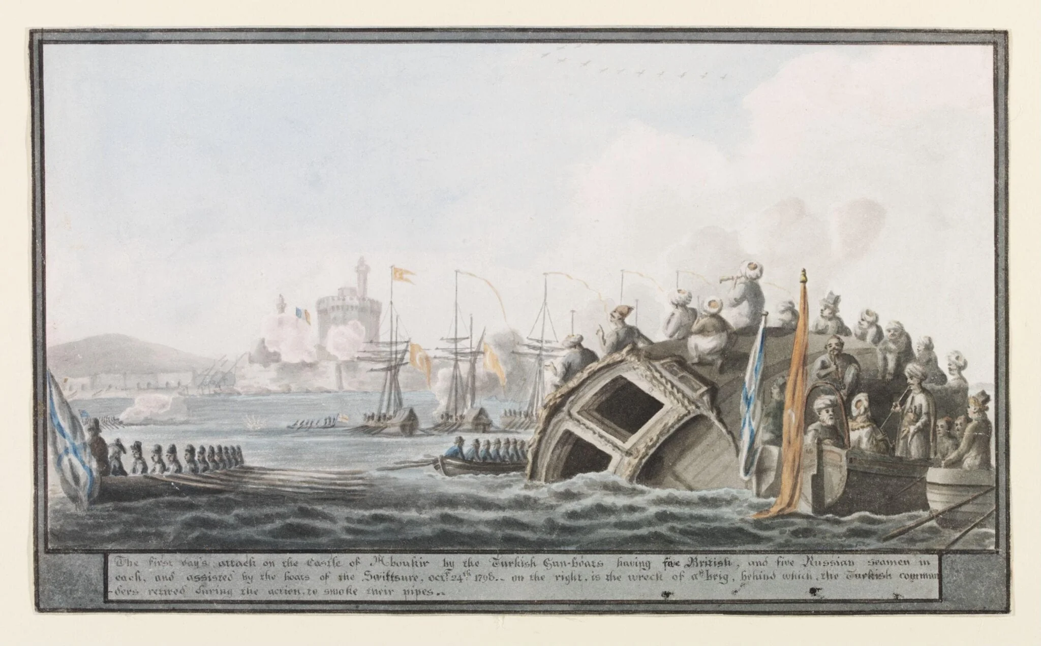 The first day's attack on the Castle of Aboukir by the Turkish Gun-boats having five British, and five Russian seamen in each, and assisted by the boats of the Swiftsure, octr: 24th, detail
