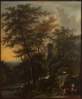 Pastoral landscape with a watermill, by Jacob de Heusch, oil, 1693