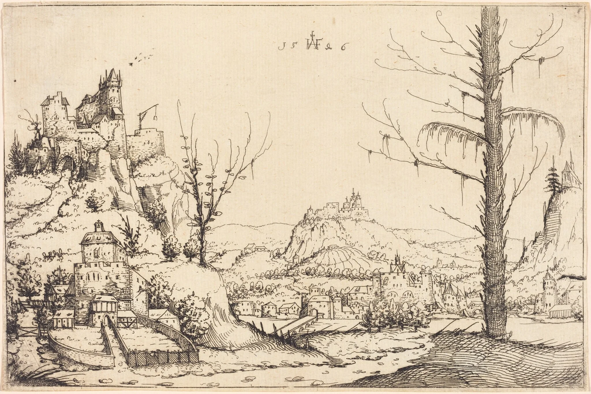 Landscape with High Cliffs, River, and City, detail