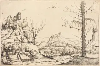 Landscape with High Cliffs, River, and City, by Augustin Hirschvogel, ink, 1546
