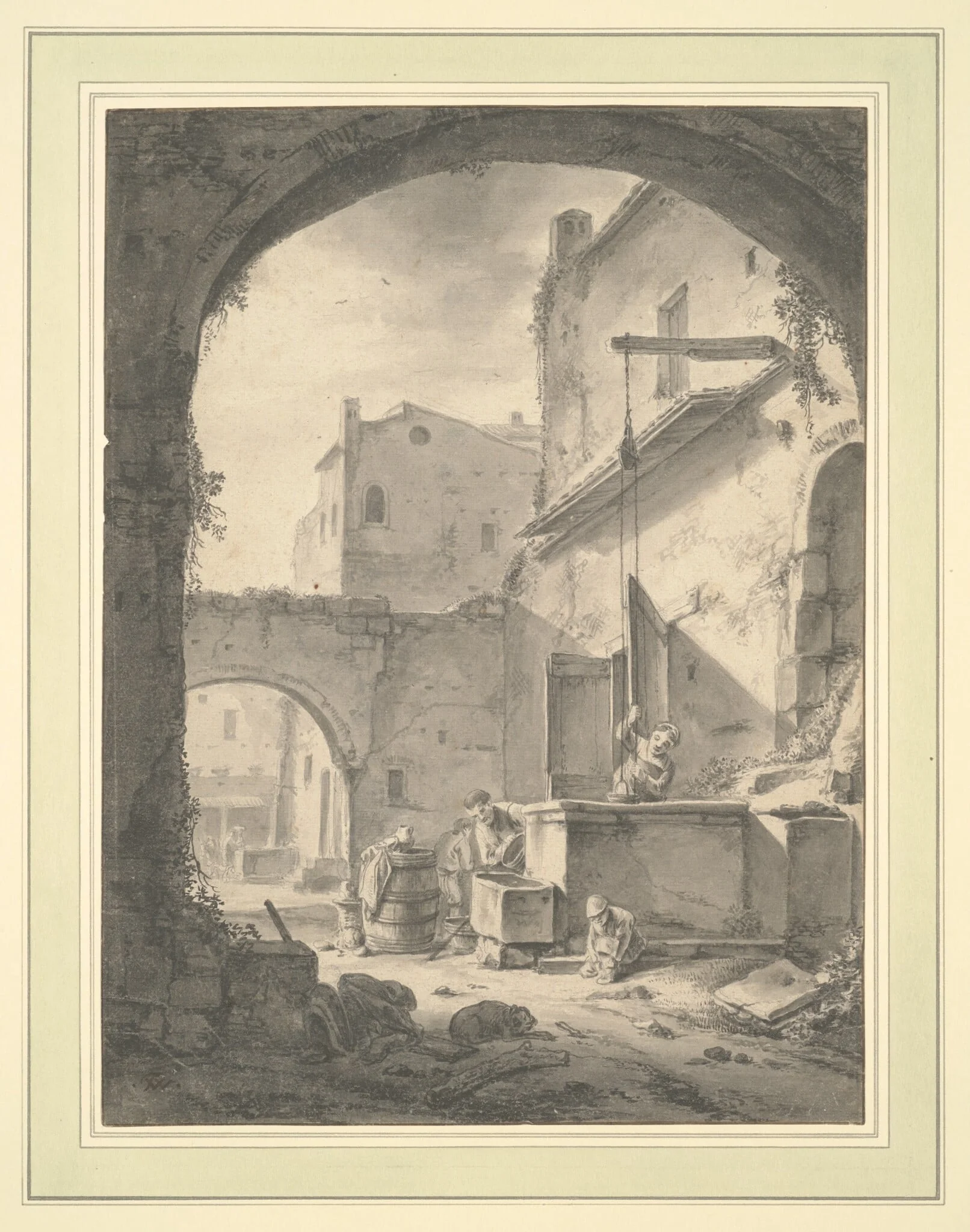 View into a Courtyard with a Family at a Well, detail
