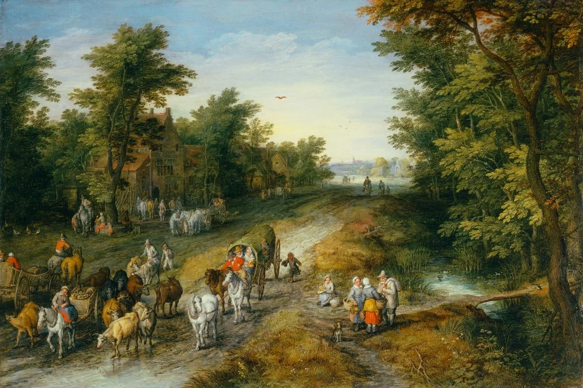 Landstrasse mit Reisenden und Wirtshaus, detail