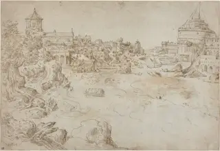 View of the Castle Sant'Angelo and the Ospedale di Santo Spirito [recto], by Étienne Dupérac, ink, 1559