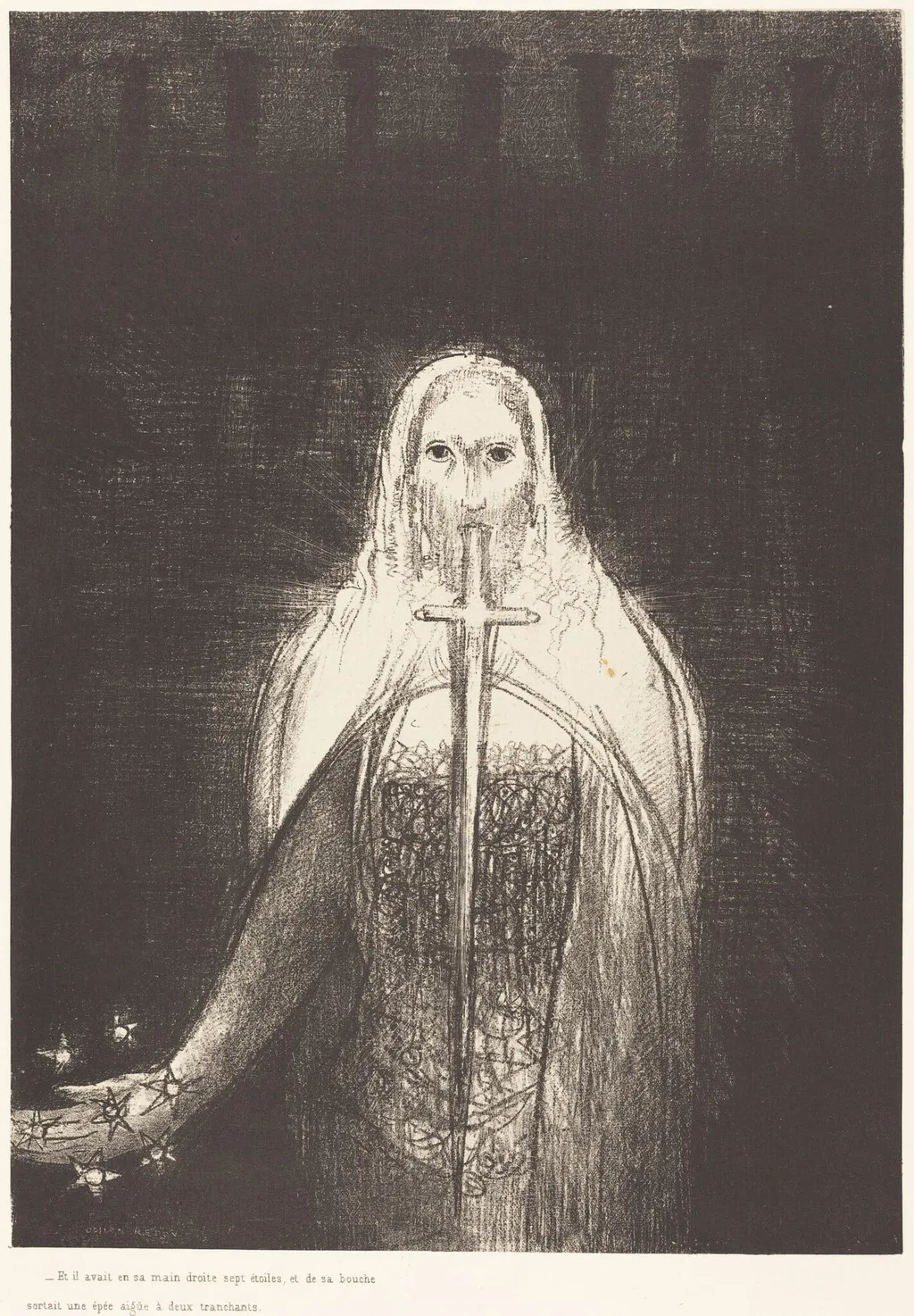 Et il avait dans sa main droit sept etoiles, et de sa bouch sortait une epee aigue a deux tranchants (And he had in his right hand seven stars; and out of his mouth went a sharp two-edged sword), by Odilon Redon, ink, 1899