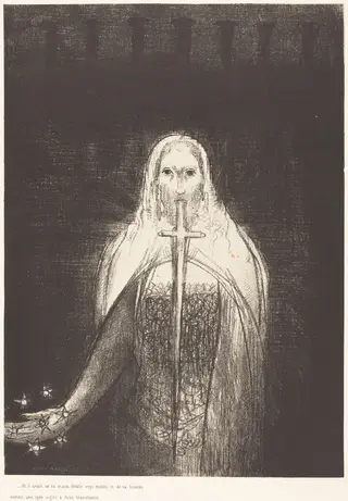 Et il avait dans sa main droit sept etoiles, et de sa bouch sortait une epee aigue a deux tranchants (And he had in his right hand seven stars; and out of his mouth went a sharp two-edged sword), by Odilon Redon, ink, 1899