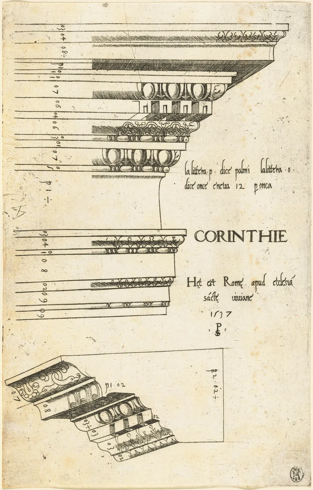Entablature from the Church of Saint Bibiana, Rome, by Master PS, ink, 1537