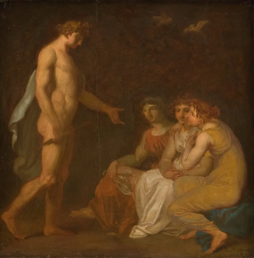 Apollo charging the Parcae to visit Ceres, who has fled from the Earth, by Nicolai Abildgaard, oil, 1809
