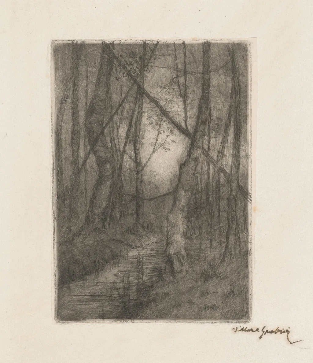 Stream in the Woods, by Vittore Grubicy, ink, 1894