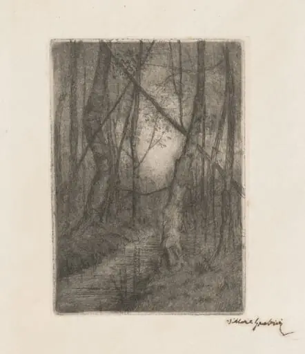 Stream in the Woods, by Vittore Grubicy, ink, 1894