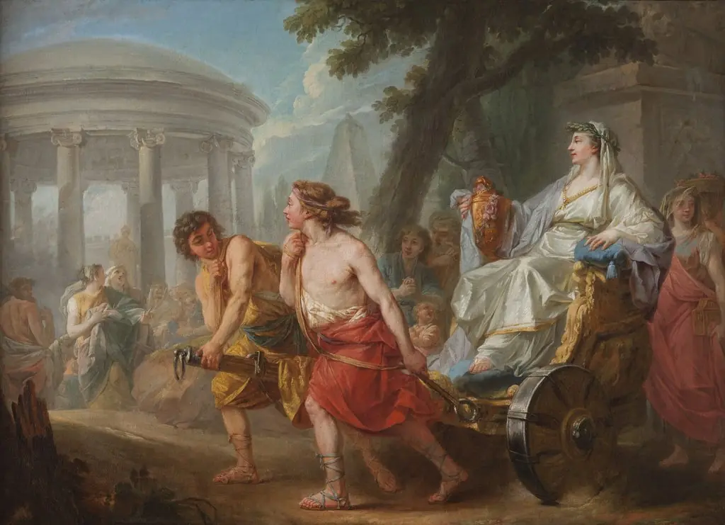 Cleobis and Biton with Cydippe in the Front of Hera Temple, by Jean Bardin, oil, 1764