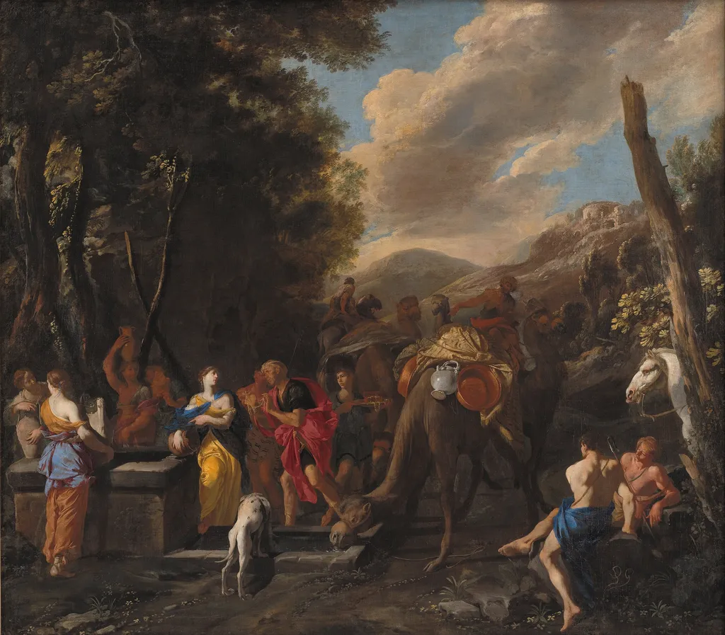 Rebecca and Eliezer at the Well, by Domenico Gargiulo, oil, 1650