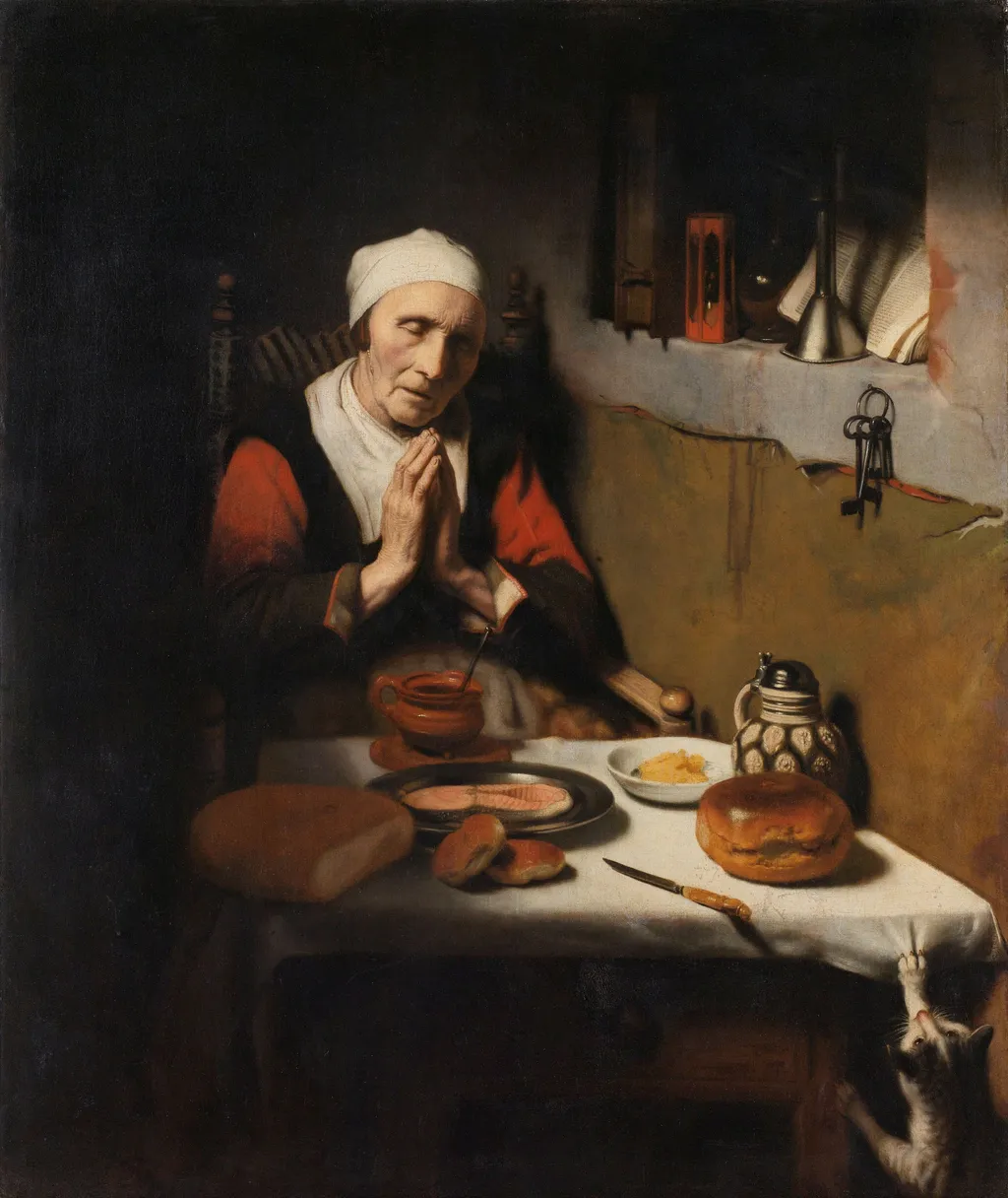 Old Woman Saying Grace, Known as ‘The Prayer without End’, by Nicolaes Maes, oil, 1656