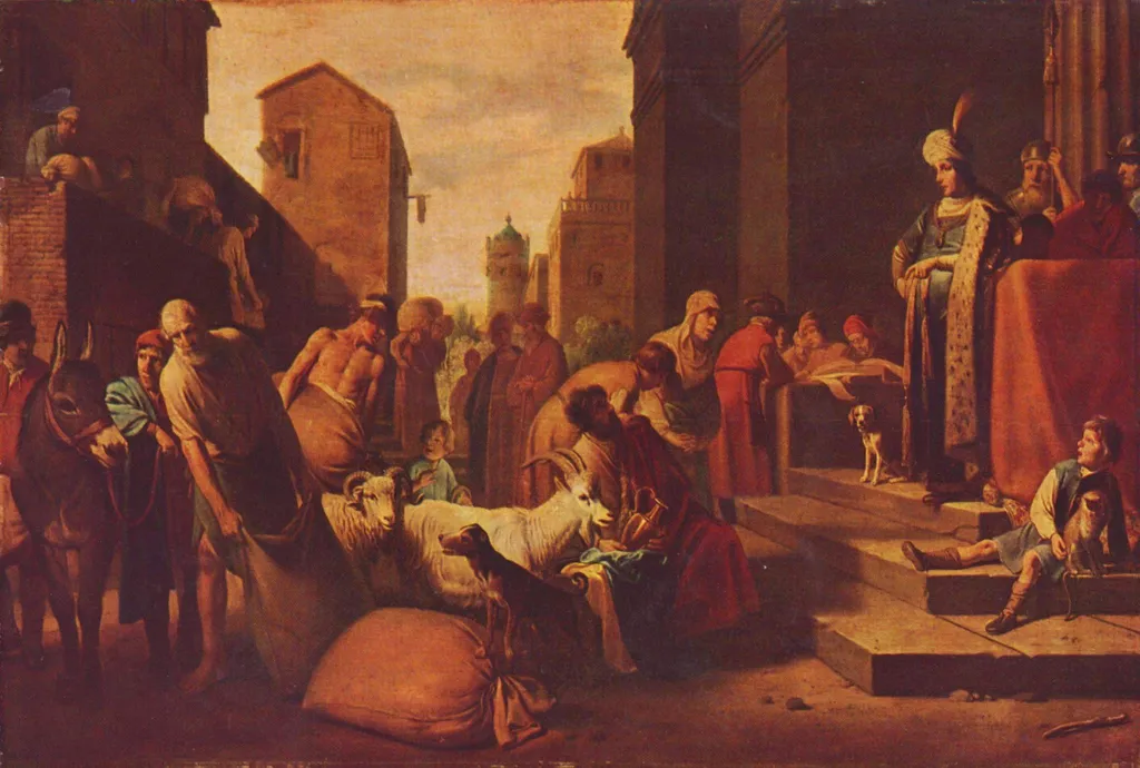 Joseph Selling Grain in Egypt, by Claes Corneliszoon Moeyaert, oil, 1633