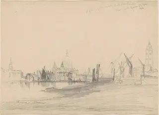 St. Paul's from Under Waterloo Bridge, Low Tide, by Thomas Moran, graphite, 1862
