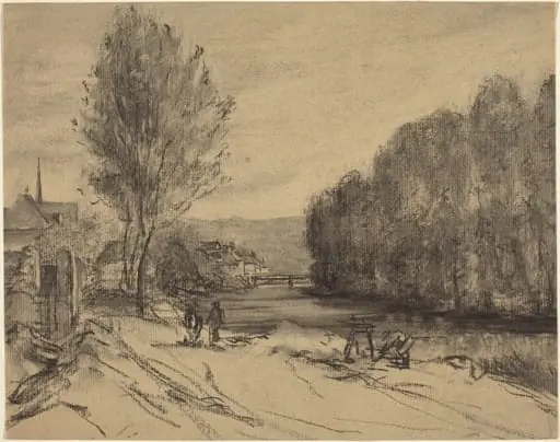 A Landscape with a River, by French 19th Century, charcoal, 1584