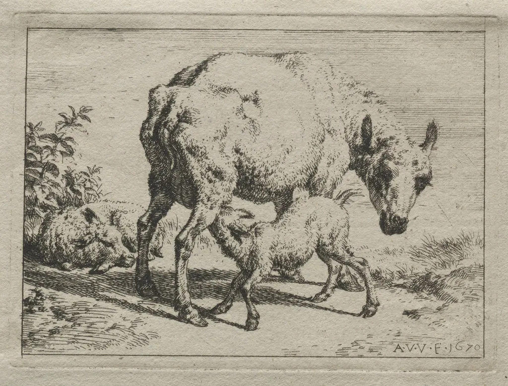 The Ewe and Two Lambs, by Adriaen van de Velde, 1670