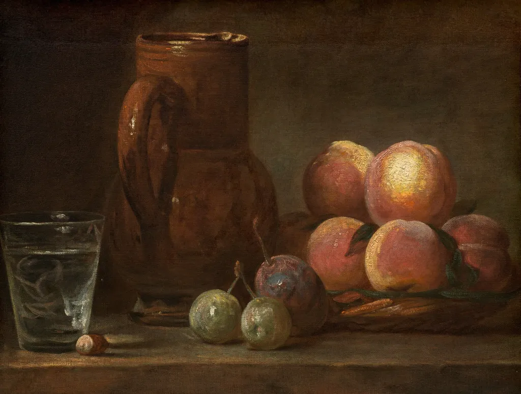 Fruit, Jug, and a Glass, by Jean-Baptiste-Siméon Chardin, oil, 1727