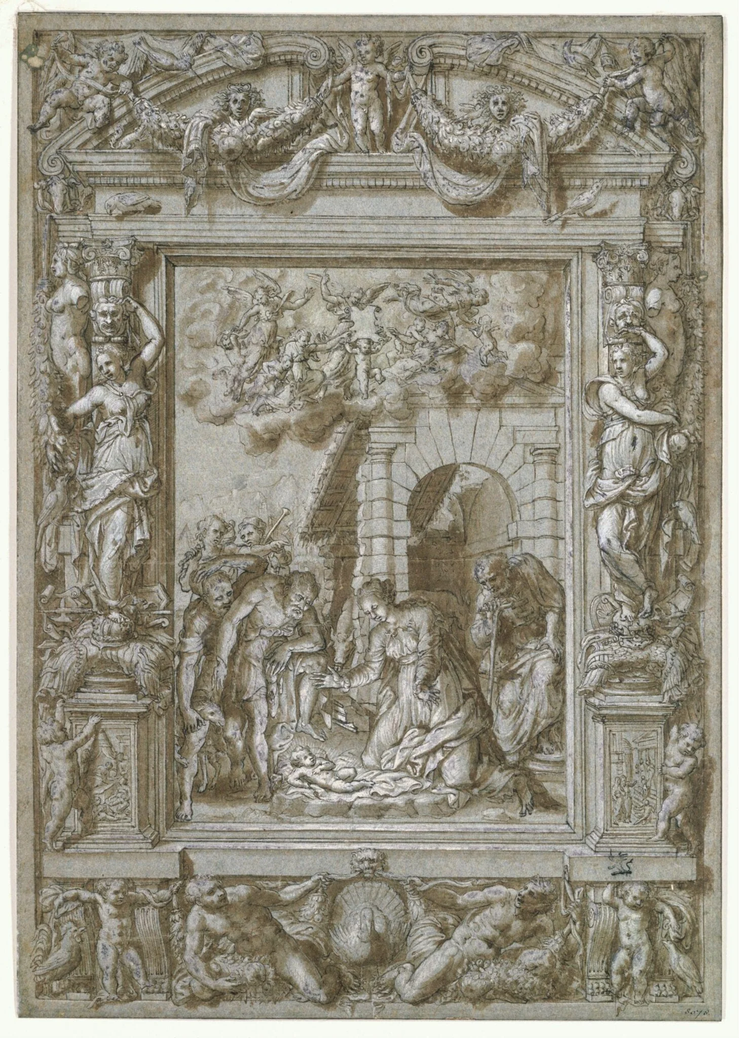 The Adoration of the Shepherds, in an architectural frame ornamented with caryatids, putti, festoons, birds, trophies etc, detail