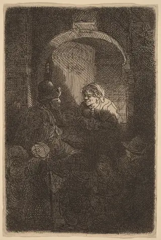 Woman at a Door Hatch Talking to a Man and Children (The Schoolmaster), by Rembrandt van Rijn, ink, 1641