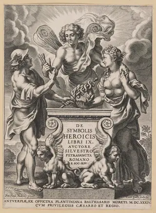 Title Page for Silvester Pietrasanta, De Symbolis Heroicis, by Cornelis Galle I, ink, 1634