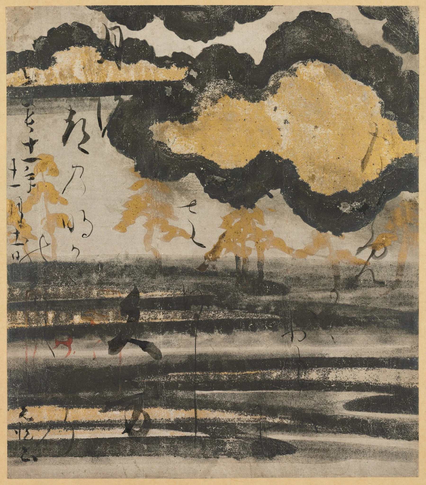 Poem-card from the Shinkokin wakashu (New Collection of Japanese Poems from Ancient and Modern Times) with Design of Pine on a Beach, detail