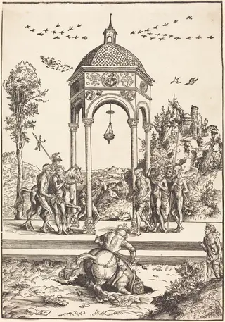 Marcus Curtius Plunging into the Chasm, by Lucas Cranach the Elder, ink, 1512