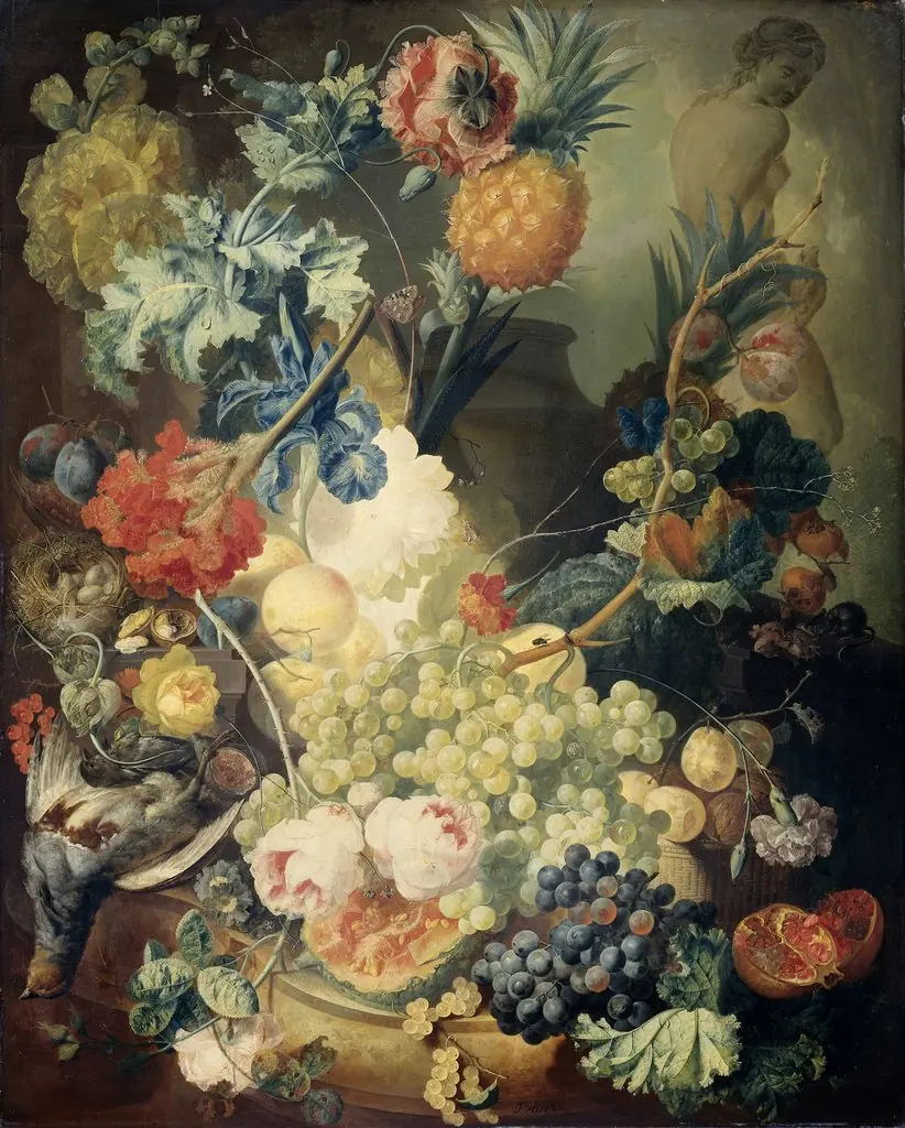 Still Life with Flowers, Fruit and Birds, by Jan van Os, oil, 1774