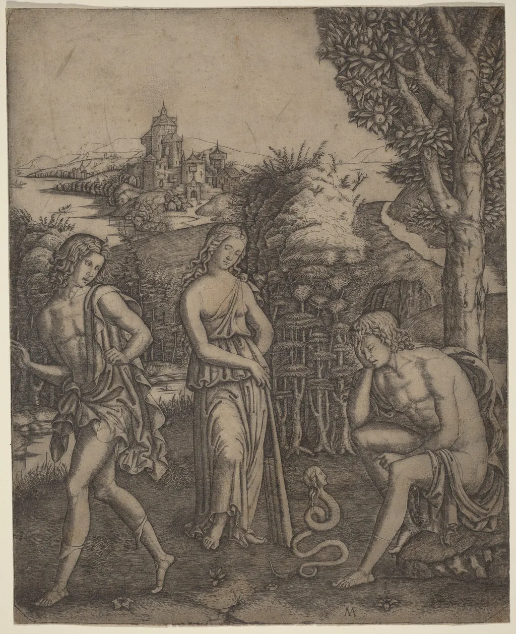 Serpent Speaking to a Young Man, by Marcantonio Raimondi, ink, 1507