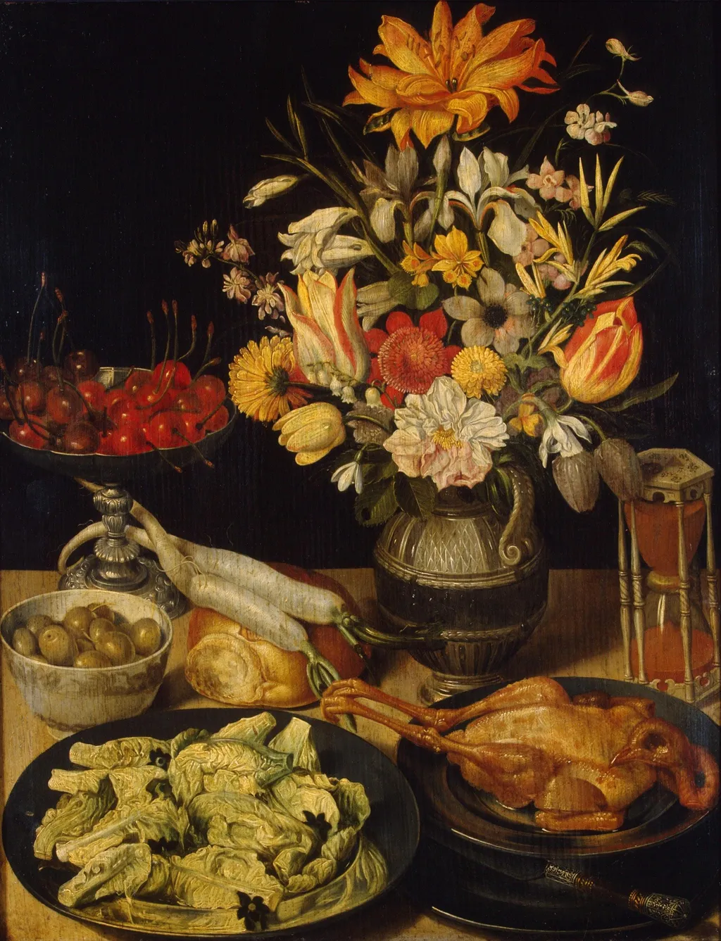 Still Life with Flowers and Snacks, by Georg Flegel, oil, 1630
