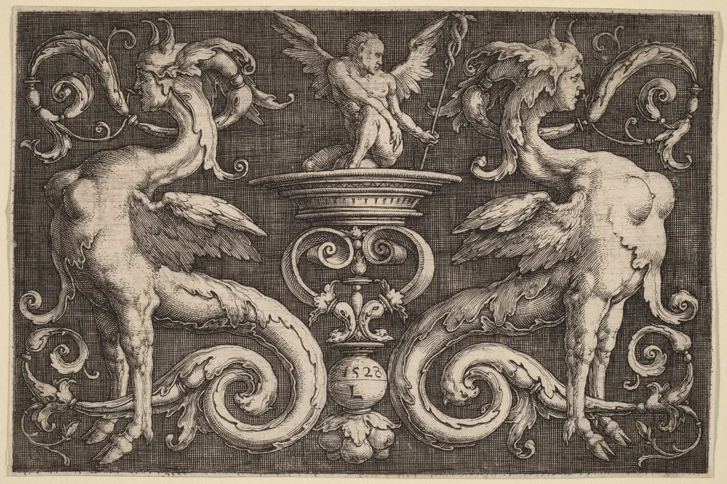 Ornament with Two Sphinxes and a Winged Man, by Lucas van Leyden, ink, 1528