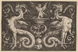 Ornament with Two Sphinxes and a Winged Man, by Lucas van Leyden, ink, 1528