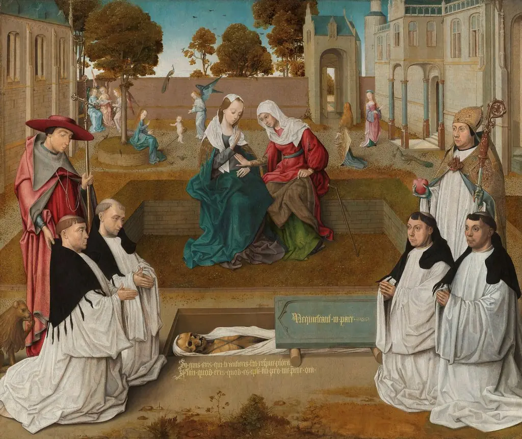 Four canons with Sts Augustine and Jerome by an open grave, with the Visitation, by Master of the Spes Nostra, oil, 1500