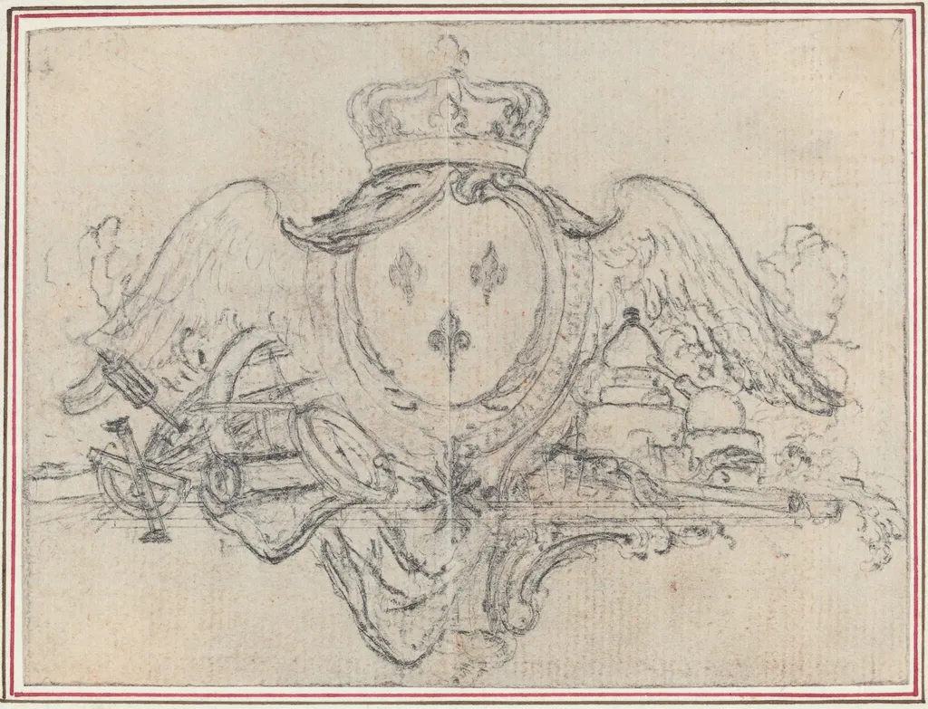 Arms of the King of France with Wings and Scientific Instruments, by Hubert François Gravelot, graphite, 1736