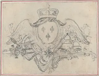 Arms of the King of France with Wings and Scientific Instruments, by Hubert François Gravelot, graphite, 1736