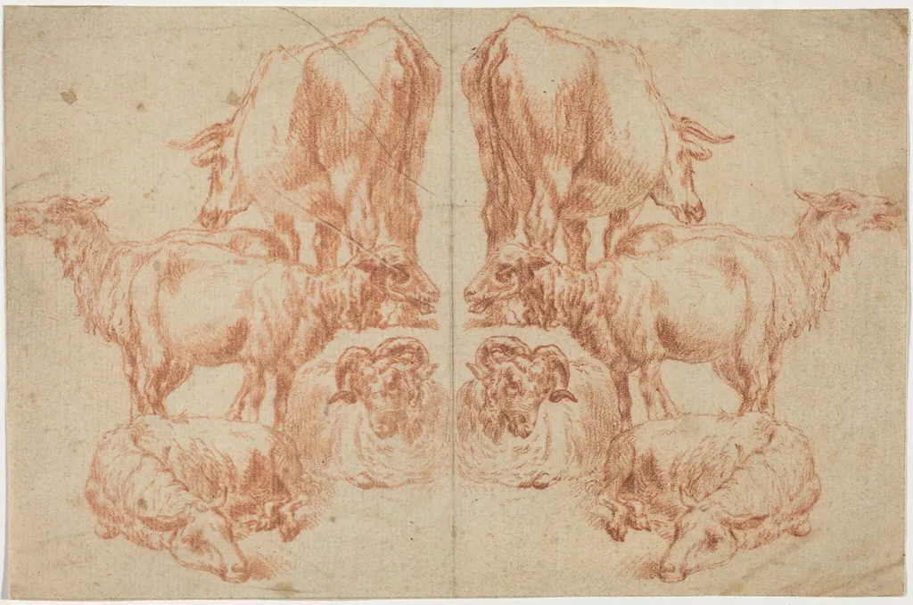 Four Sheep and a Cow, by Nicolaes Pieterszoon Berchem, chalk, 1652