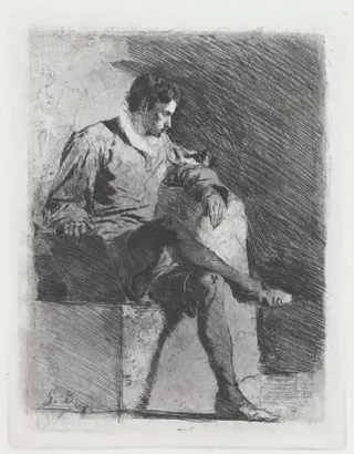 Seated Man in Sixteenth-Century Costume, by Gioacchino Banfi, ink, 1878