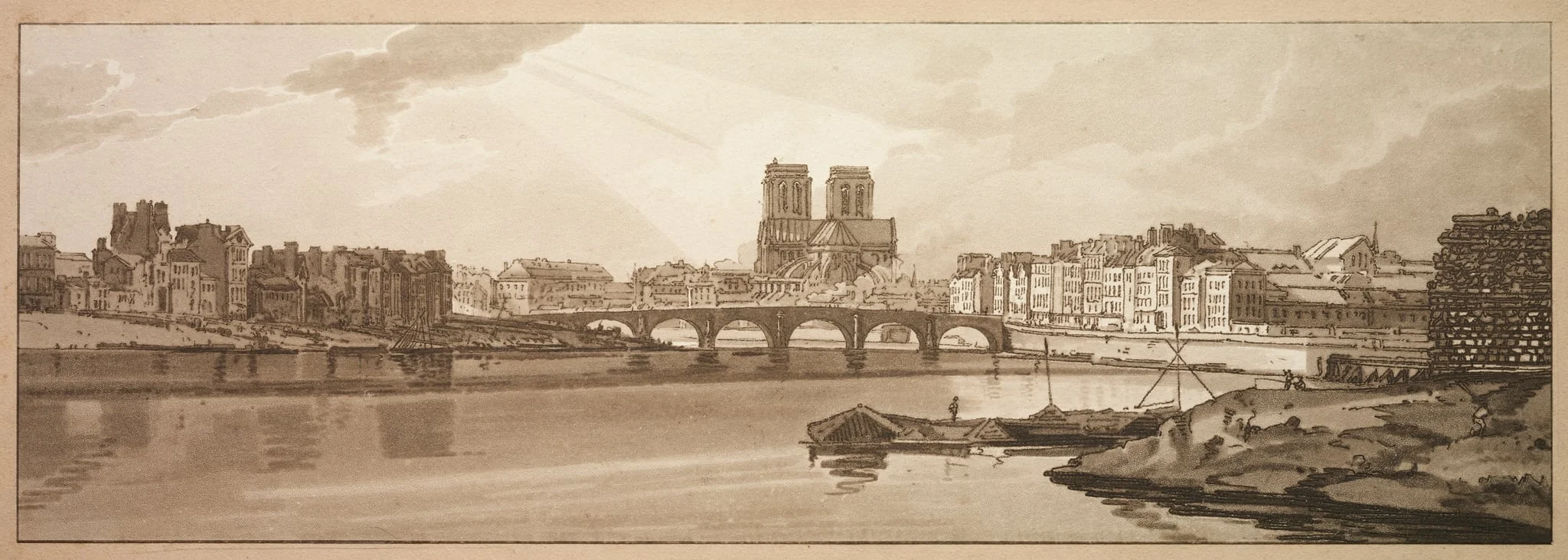 A Selection of Twenty of the Most Picturesque Views in Paris: View of Pont de la Tournelle & Notre Dame taken from the Arsenal, detail