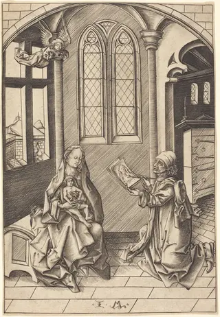 Saint Luke Drawing a Portrait of the Virgin, by Israhel van Meckenem, ink, 1475