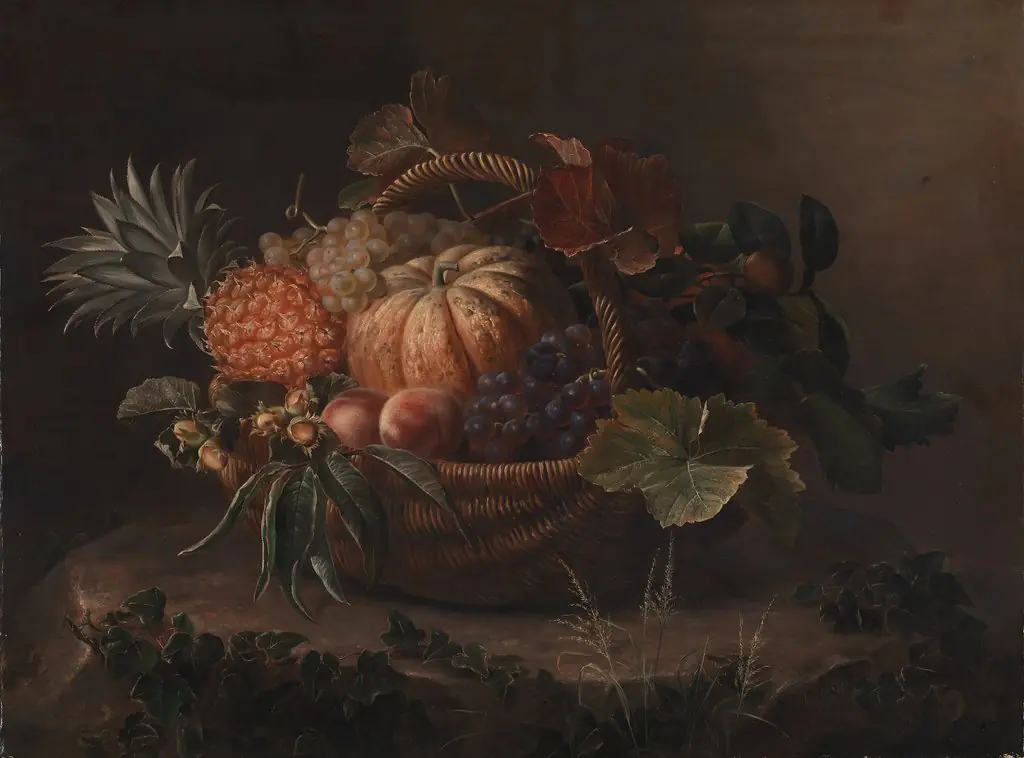 En kurv med frugter på en træstub, by Johan Laurentz Jensen, oil, 1844