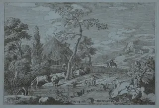 Cattle and Figures at a Farmyard Stream, by Marco Ricci, ink, 1702