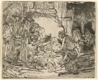 The Adoration of the Shepherds: with the Lamp, by Rembrandt van Rijn, ink, 1654