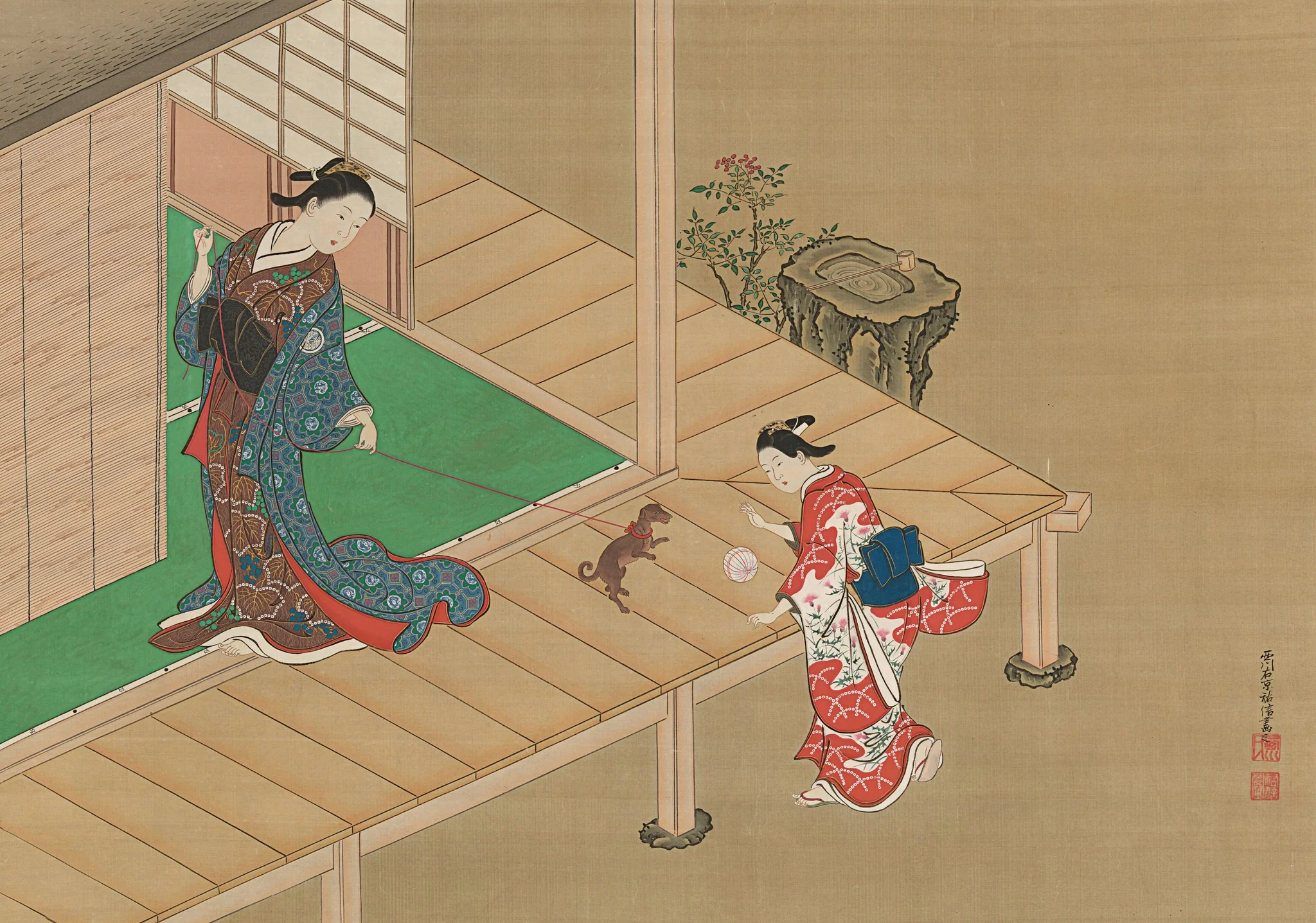 Courtesan and Attendant Playing with a Dog, detail