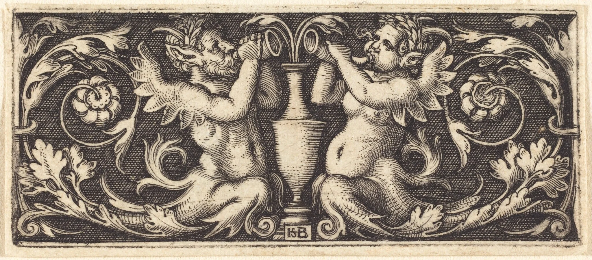 Ornament with a Couple of Tritons Blowing Horns, detail