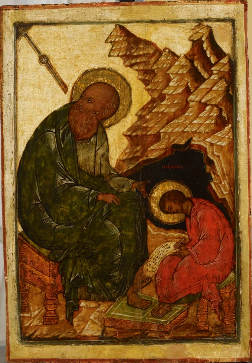 Johannes Evankelista ja oppilaansa Prohoros, venäläinen ikoni, detail
